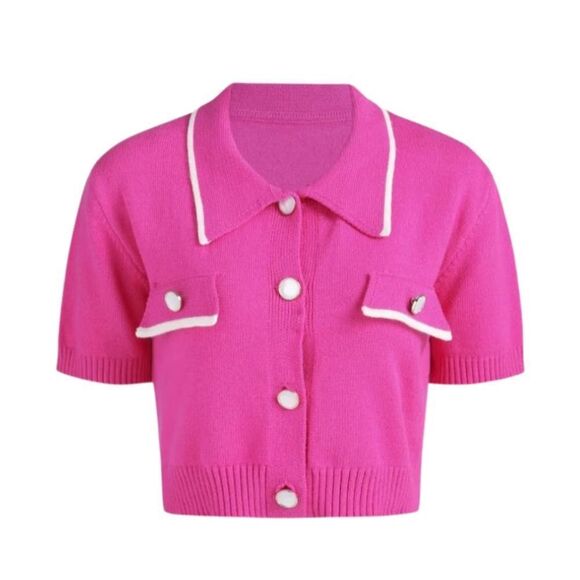 Cider Tops - CIDER  PINK CONTRASTING COLLAR BUTTON KNITTED TOP